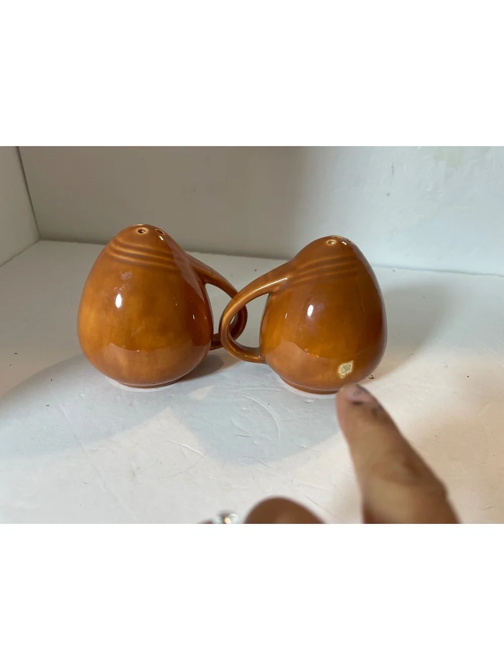 Vintage Brown Ceramic Salt and Pepper Shakers with Handles Mid Century